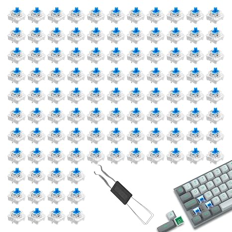 Keyboard Switches, 100 Pcs Blue Mechanical Keyboard Switches, Keyboards Clicker with Transparent Caps, Suitable for Diy Kits, Led Gaming Keyboards, Etc(Includes a Switch Puller)