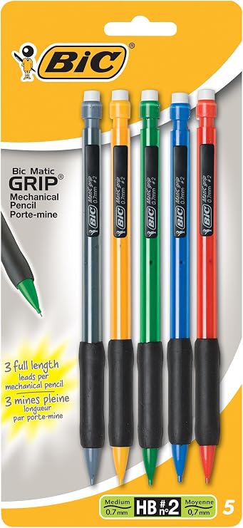 BIC Matic Grip Mechanical Pencil, Medium Point, 0.7 mm, 5 Pencils