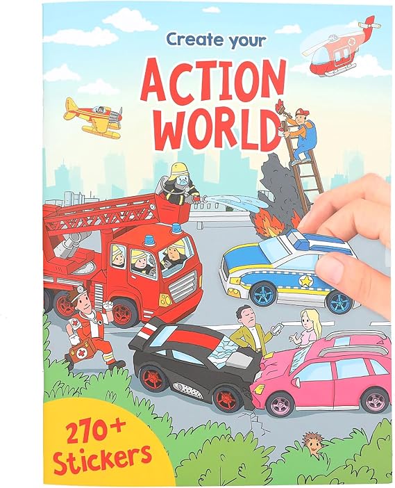 Depesche 13807 Create Your Action World Colouring Book with 24 Pre-Printed Background Pages for Designing City and Country Life, Set Including 270 Stickers