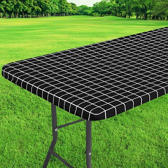 Rectangular Elastic Table Cloth Fitted Flannel Backed, 6Ft Folding Waterproof Black Plaid Vinyl Wipeable Oil-proof PVC Table Protector Cover for Kitchen Dining Room Picnic Tabletop (75x180cm)