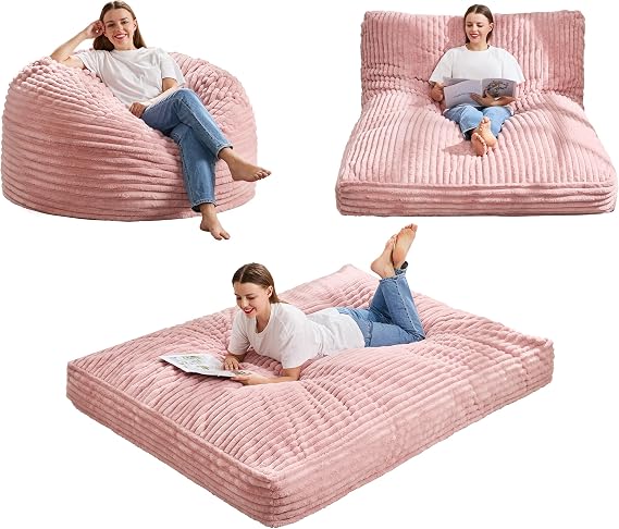 Hobestluk Adults Bean Bag Chairs Convertible 3 in 1 Large BeanBag Couch | Stripe,3 IN 1 Design,Memory Foam Filling,Portable Handle,Comfy Sofa Couch Lounger for Living Room Bedroom | Pink FULL Size
