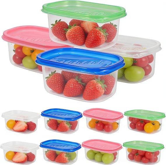 12 PCS Small Storage Containers, 9 Oz Plastic Food Box with Lid, Stackable Space Saving Meal Prep Case, Leakproof Airtight Rectangular Organizers for Fridge, Cabinet, Berry and Leftover
