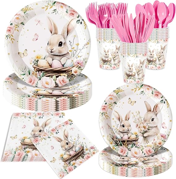 140Pcs Easter Rabbits Plates and Napkins Happy Easter Day Party Decorations Eggs Rabbits Paper Plates Birthday Party Supplies Cute Bunny Plates, Serve for 20 Guest