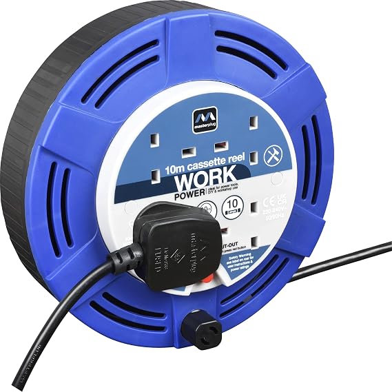 Masterplug Four Socket, 10 Metre Cassette Reel, Medium Extension Lead Cable Reel, Wind-Up Retractable Power Cord Reel, Thermal Cut Out, Work Power, Blue/Black, 10A, 4G, 10m, MCT1010/4BL