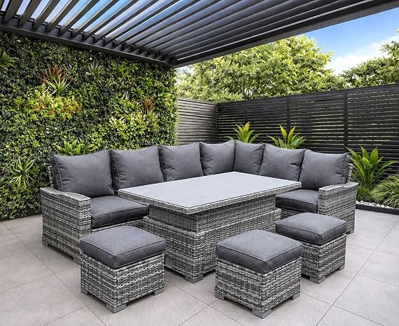 9 Seater Rattan Garden Furniture Set with Rising Table - Left or Right Hand Outdoor Furniture Rattan Corner Sofa Garden Patio Sets - FREE COVER INCLUDED (Dark Grey, Left/Right Hand Configurable)