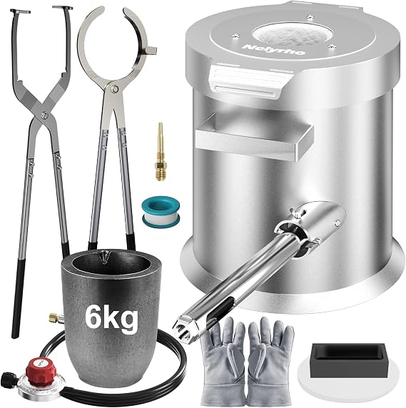 Nelyrho 6KG Propane Melting Furnace Kit, 2500F Stainless Steel Smelter | With 2 Tongs, Pouring Crucible & Ingot Mold for DIY Metal Casting, Gold,Silver,Copper,Aluminum Smelting