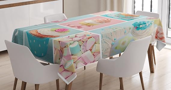 Ambesonne Coffee Tablecloth, Collage of Cupcakes and Marshmallows in Pastel Colors Photos, Rectangular Table Cover for Dining Room Kitchen Decor, 60" X 84", Pink Blue