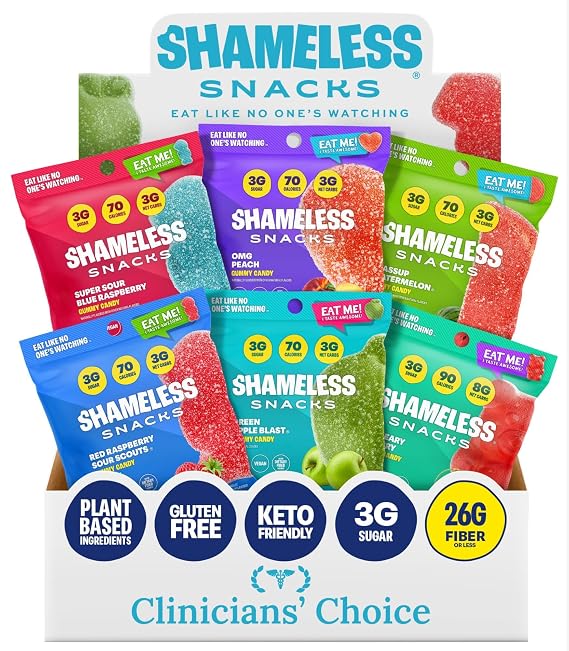 Shameless Snacks Sour Candy & Fruit Snacks - Gummy Candy Variety Pack, Keto | Sour Worms & Gummy Bears in Bulk, 3g Sugar - Keto Gluten Free Vegan for Kids & Adults