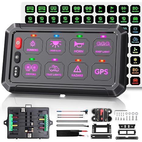 RGB 8 Gang Switch Panel, Dimmable LED Touch Control Panel Box Universal Control Relay System for Car Truck Boat Marine ATV UTV SUV
