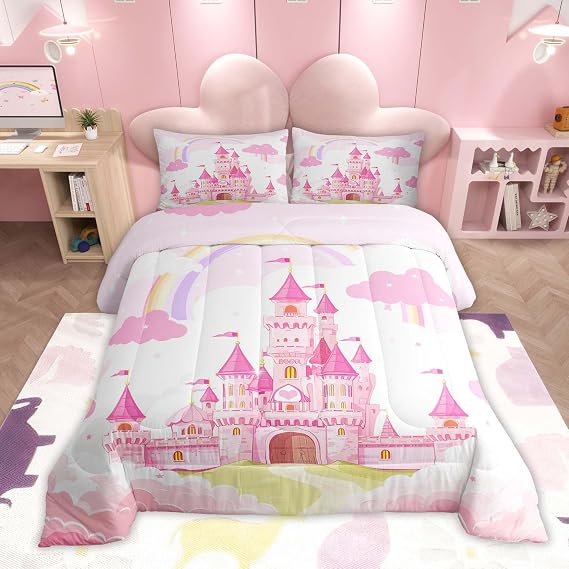 Feelyou Kids King Pink Castle Comforter Set Rainbow Castle Bedding Set Girls Princess Comforter Fairy Tales Duvet Set Girls Bed Set 3Pcs