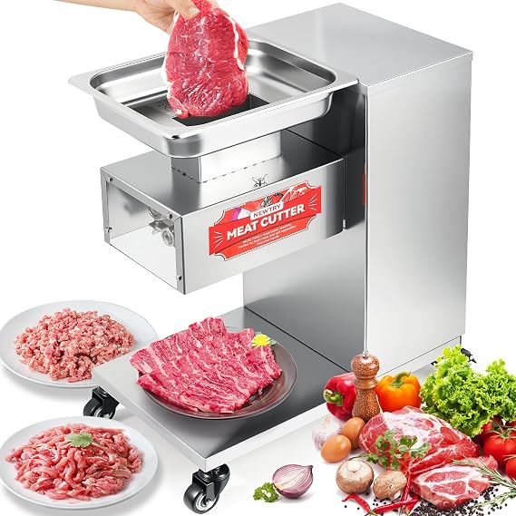 NEWTRY Commercial Meat Cutter Machine with 2 Blades, Heavy Duty, 1,100 lbs/h, NT-E Meat Cutting Machine for Restaurant Meat Slicer Strips Cubes Minces 110V US (10mm and 15mm blade)