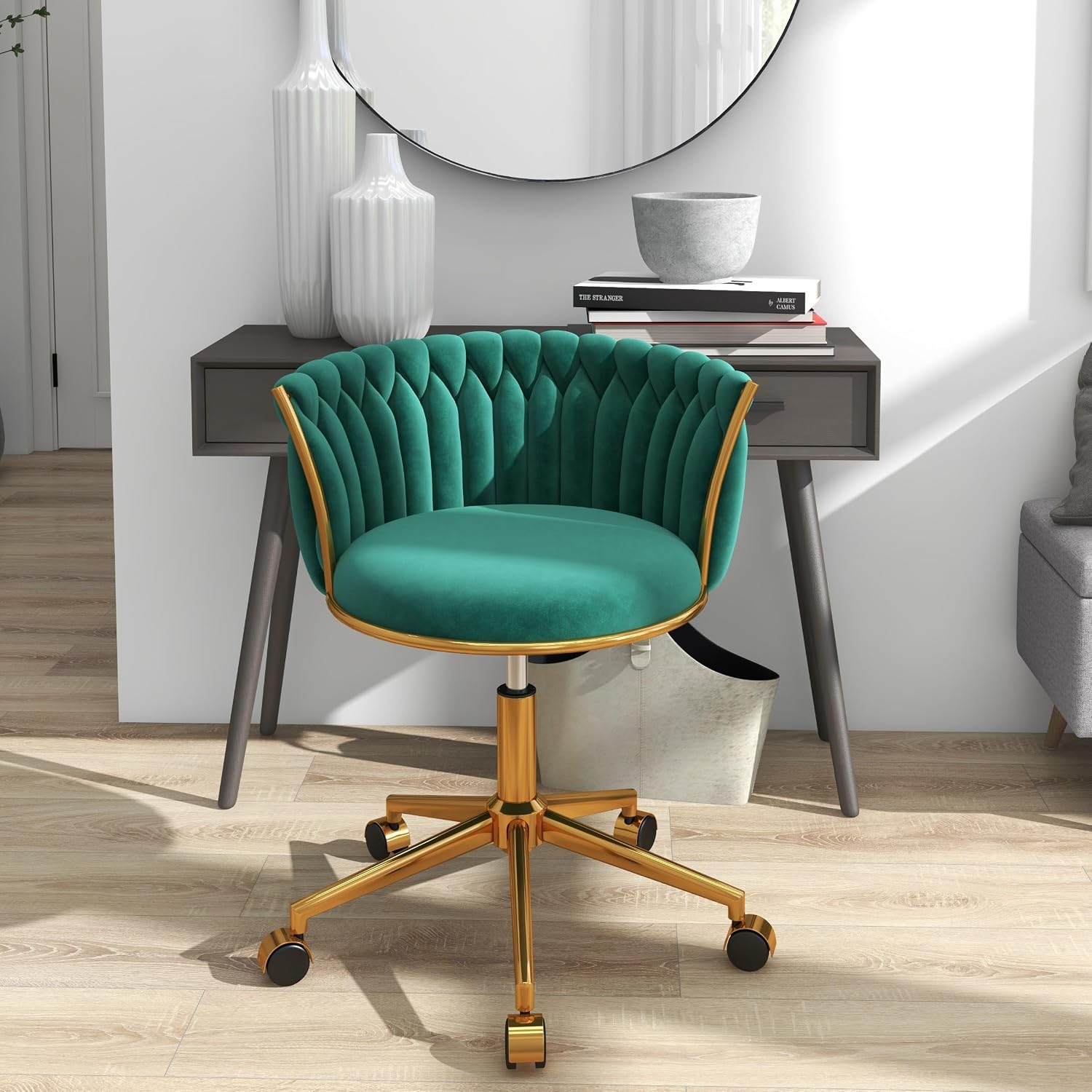 Velvet Desk Chair, Modern Office Chair with Wheels, Home Swivel Vanity Armchair with Woven Back Comfy Height Adjustable Seat Sturdy Golden Metal Rolling Base for Makeup Bedroom, Dark Green