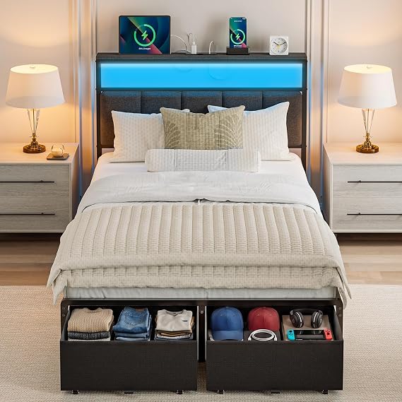 Twin Bed Frame with 2 Storage Drawers, Grey Upholstered