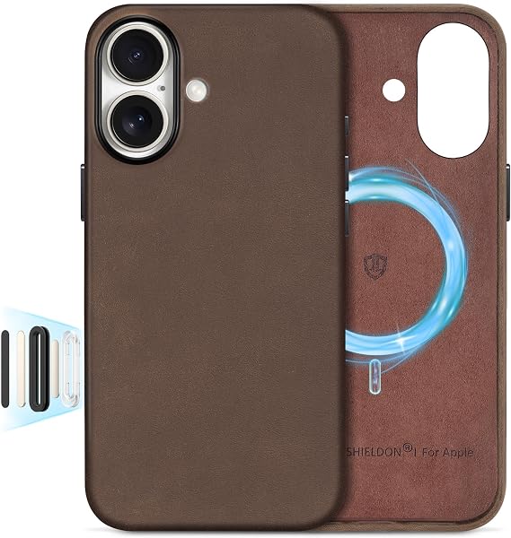 SHIELDON Genuine Leather Case for iPhone 16 6.1", Crazy Horse Dark Brown