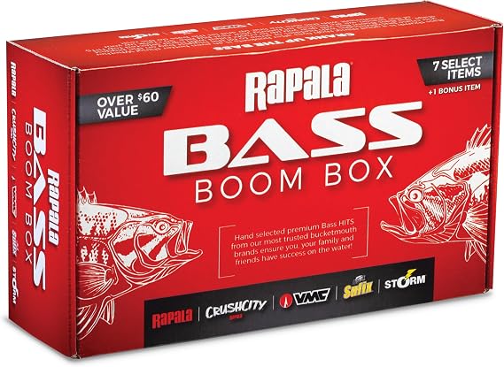 Rapala Bass Boom Box, Bass Fishing Kit with 7 Curated Lures and Bonus Item Featuring Rapala, VMC, Crush City, Sufix and Storm