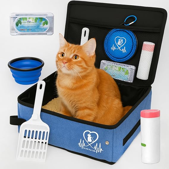Pet Fit for Life Portable Litter Box for Cats for Travel - Medium, Includes Zippered Cover, Liner Bags, Odor Catcher, Litter Scooper, Collapsible Water/Food Bowl, and Folds for Easy Travel and Storage