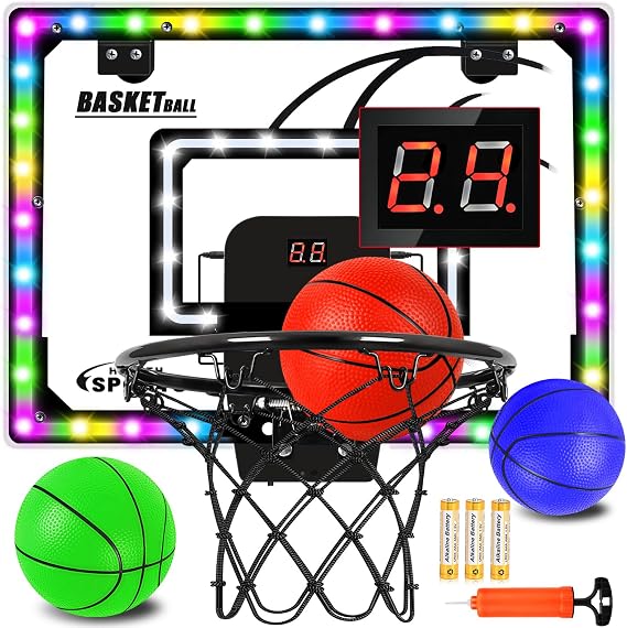 Jugana Mini Basketball Hoop Indoor with Scorer and Batteries, Indoor Basketball Hoop Over The Door with Colorful LED Lighting, Toy Basketball Set for Boys Girls Age 3 4 5 6 7 8