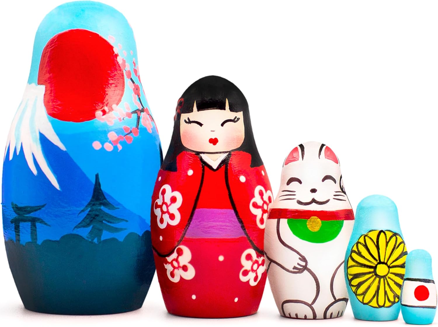 AEVVV Japanese Nesting Dolls Set of 5 pcs - Micro Matryoshka Doll - Wooden Kokeshi Dolls - Small Nesting Dolls Japanese Decor - Russian Doll Geisha