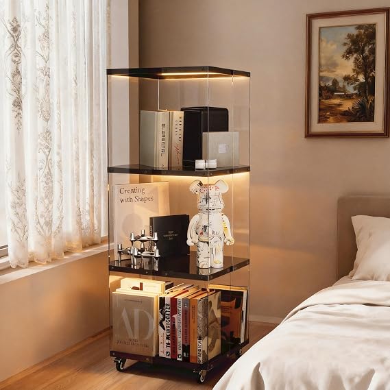 MESAILUP Rotating Bookshelf with LED Lights, Display Cabinet on Wheels, 360 Spinning Book Shelf Tower, 3 Tier Clear Acrylic Display Shelf for Corner, Bedroom, Living Room, Black