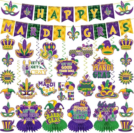Mardi Gras Decorations, 20Pcs Mardi Gras Party Decorations Banner Set Include Happy MardiGras Banner Hanging Swirls Honeycomb Centerpieces for Carnival Masquerade Party Decor Supplies