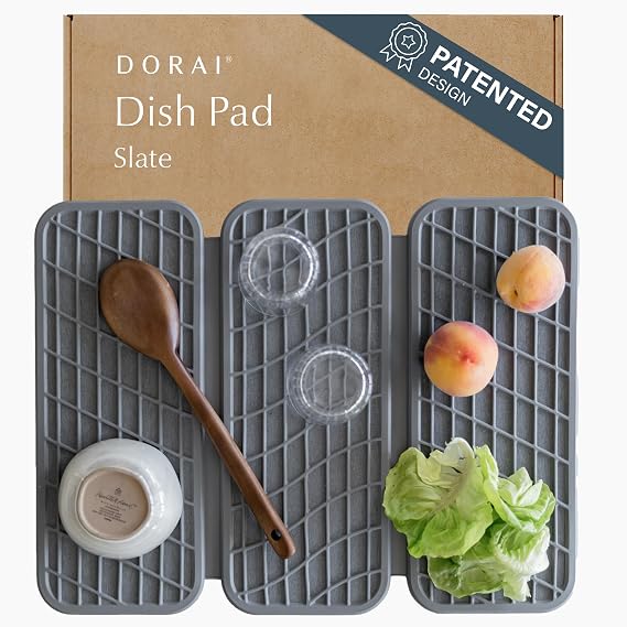 Dorai Home Dish Pad – Collapsible Kitchen Dish Drying Mat – Wrapped in Silicone Webbing to Protect Dishes – Dries Instantly – Modern and Stylish – Minimal Design to Match Any Countertop – Slate