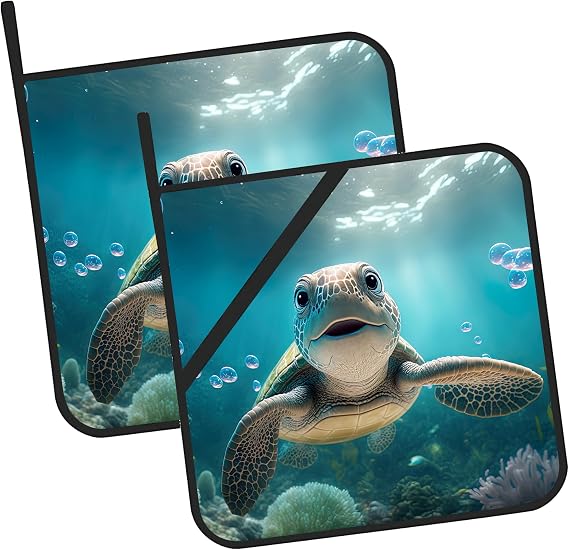 3D Cute Turtle Smiling Pot Holders - Heat Resistant Set of 2 Oven Hot Pads for Cooking, Baking, BBQ Gifts for Women
