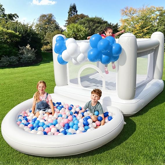 White Bounce House Indoor Bouncy Castle with Pump PVC Waterproof Materials Easy to Clean Outdoor 68 x 68 x 58.2 inch with Ball Pit