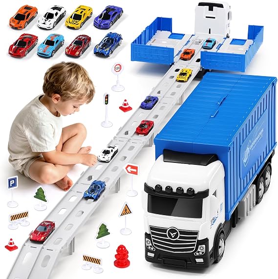 Transporter Truck Cars Toys for Boys 3 4 5 6 Years Old, Aoskie Double-Layer Foldable Race Track Truck with 8 Alloy Pull Back Cars, Hot Gift for Kids Car Lover (Blue)