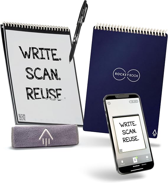 Rocketbook Flip Reusable Smart Notepad | Eco-Friendly, Digitally Connected Notebook for Ambidextrous Writers | Dotted & Lined Combo, 6 x 8.8, 36 PG, Navy, with Pen, Cloth, and App Included