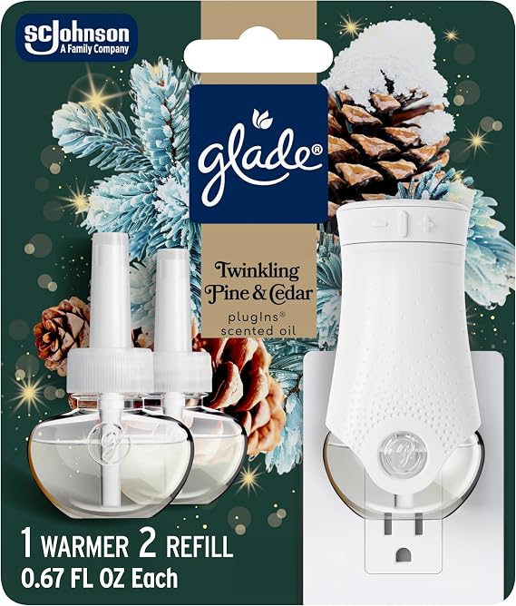 Glade PlugIns Starter Kit, Air Freshener, Twinkling Pine & Cedar, 1.34 fl oz, 1 Warmer + 2 Refills