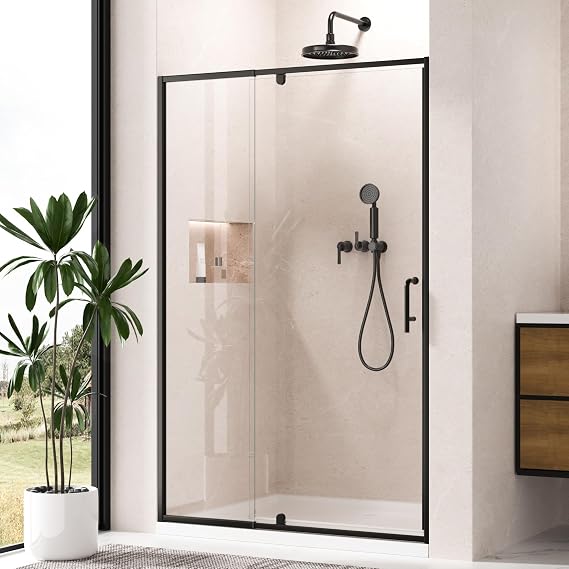 Keonjinn 44-48" W x 72" HSemi-Frameless Pivot Shower Door, Matte Black