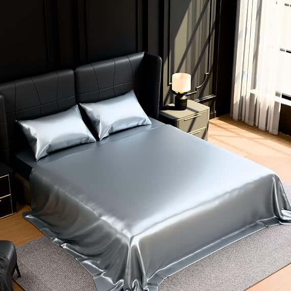FLEXISPOT Ultra-Soft Satin Sheets Queen Size Bed Set, Luxury Soft Grey Silky Sheets for Hair and Skin, Non-Fading & Wrinkle Free, 2 Pillowcases, 1 Flat Sheet, 1 Fitted Sheet