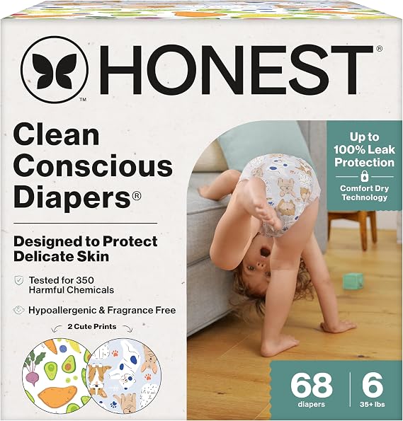 The Honest Company Daytime Diapers, It's a Pawty, Size 6, 68 Count