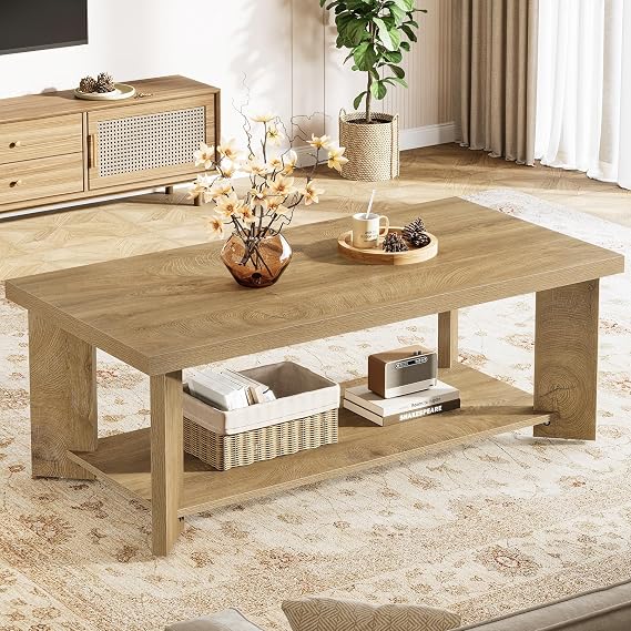 Tribesigns 47-Inch Coffee Table for Living Room, Farmhouse Rectangle Center Cocktail Table with Storage Shelves, Rustic Wooden Accent Tea Furniture