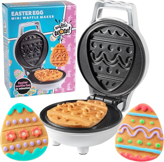 Mini Easter Egg Waffle Maker- Make Double Sided Waffles or Pancakes w 2 Different Floral Designs, Ready to Decorate & Frost, Breakfast Fun for Kids & Adults - Basket Stuffer Gift, Egg Hunt Surprise