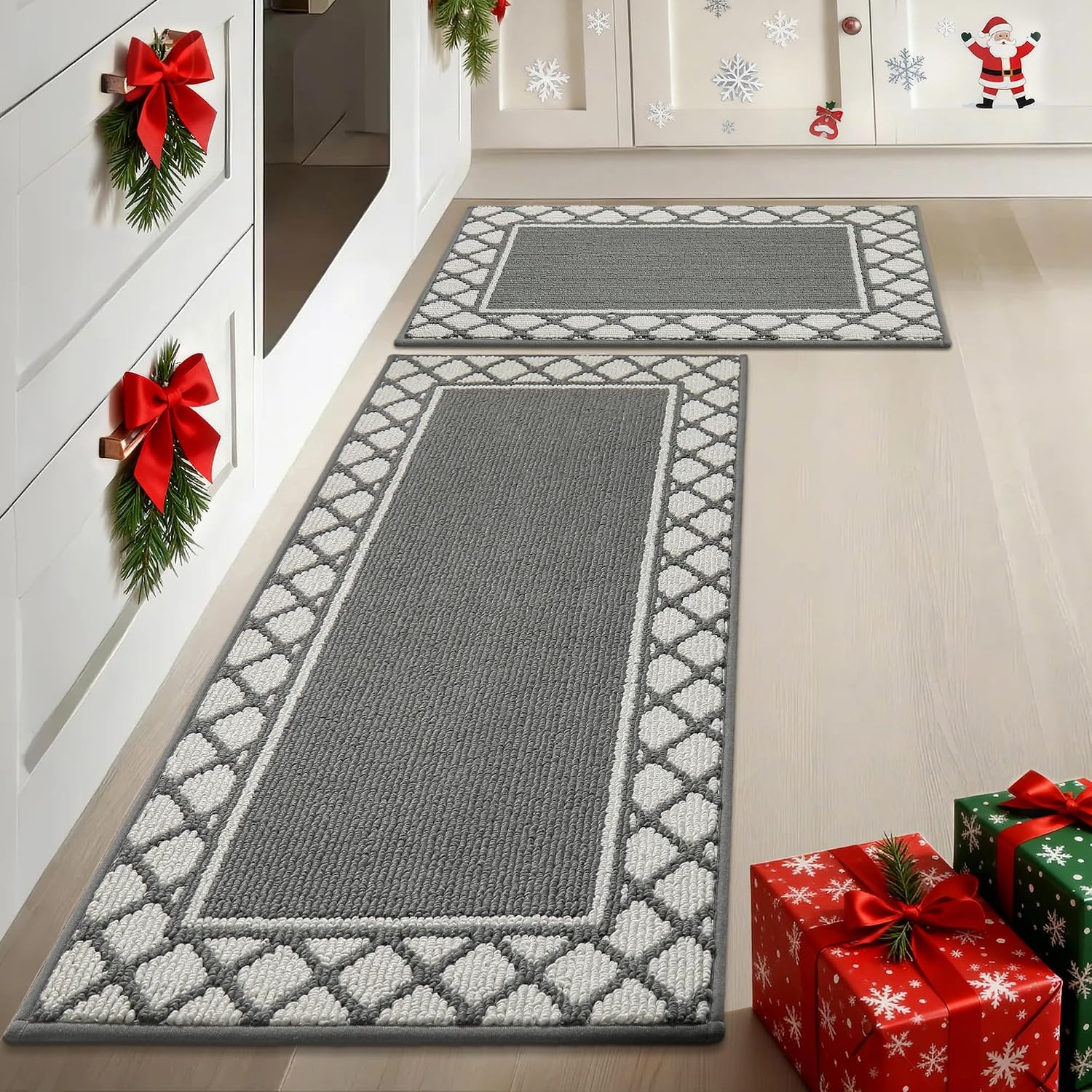 COSY HOMEER Absorbent Kitchen Runner Rug Mats 2 Pieces, 50x76cm50x122cm, Extra Nonslip TPR Backed Carpet Rugs for Kitchen, Soft Standing & Machine Washable, Vacuum Cleaner Available No Curling, Grey