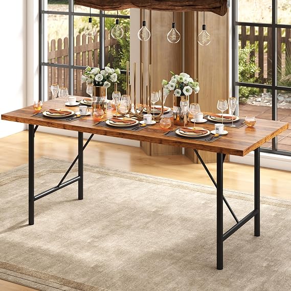MWOOD 71 Inch Dining Table for 8 People, Farmhouse Kitchen Table with Strong Metal Frame, Industrial Large Long Dining Room Table Rectangle Rustic Wood Dining Table with Round Metal Leg