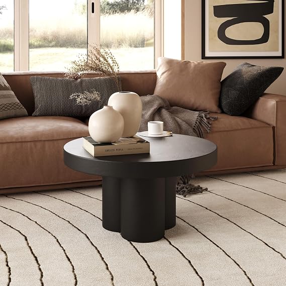 Limari Home Unian Collection Modern Living Room Round Concrete Coffee Table, Black