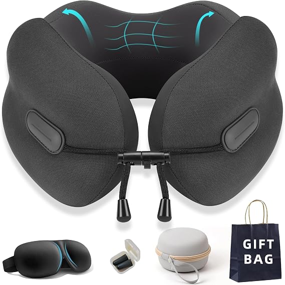Ergonomic Travel Neck Pillow for Airplane, Memory Foam Support for Long Haul Flight Headrest, Soft Compact U Shaped for Adult Men Plane Sleeping, Portable Carry Box, Eyemask, Earplugs, Size L