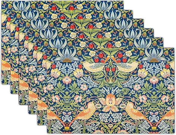 Strawberry Blue Green Pimpernel Placemats Set of 6 Chinoiserie Floral Bird Colorful Linen Washable Table Mats Stain Heat-Resistant Desktop Decor Place Mats for Home Kitchen Dining Party 12x18 inches