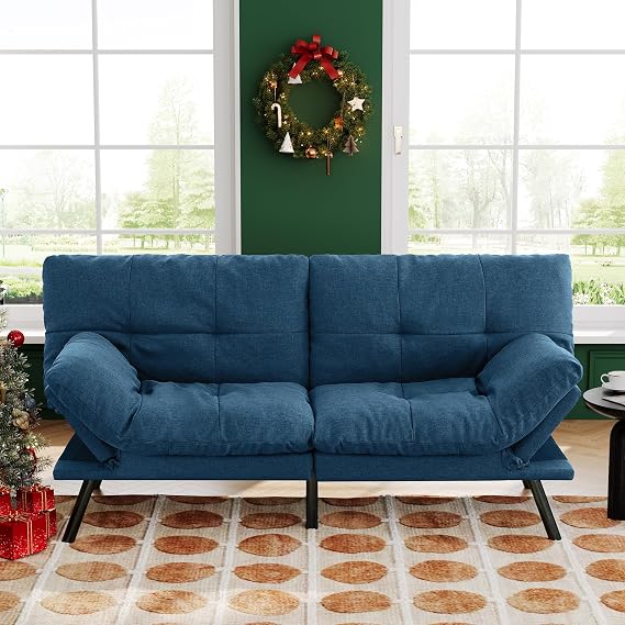 Convertible Futon Sofa Bed,71" Modern Fabric Futon Couch with Adjustable Backrest&Armrest,Small Loveseat Sleeper Sofa,Dorm Futonsofa for Apartment,Living Room,Detachable Cushions,Navy Blue