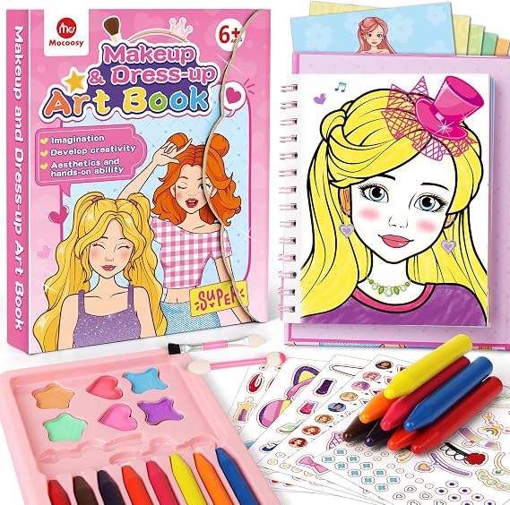 Mocoosy Makeup Art Craft for kids Ages 4-8, Pretend Play Makeup Coloring Activity Book with Stickers, Fashion Design Sketchbook, Travel Game Airplane Car Road Trip Toy Birthday Gift for Girl 5 6 7 8 9