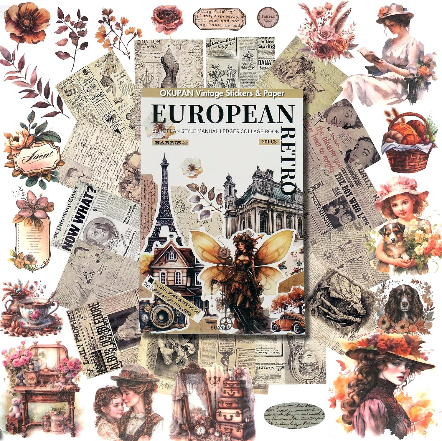 Vintage Scrapbook Stickers and Ephemera Pack – Pre Cut Design Scrapbooking Supplies with 216 Washi Stickers & 30 Papers for Jounk Journaling, Planners, DIY Crafts, Card Making