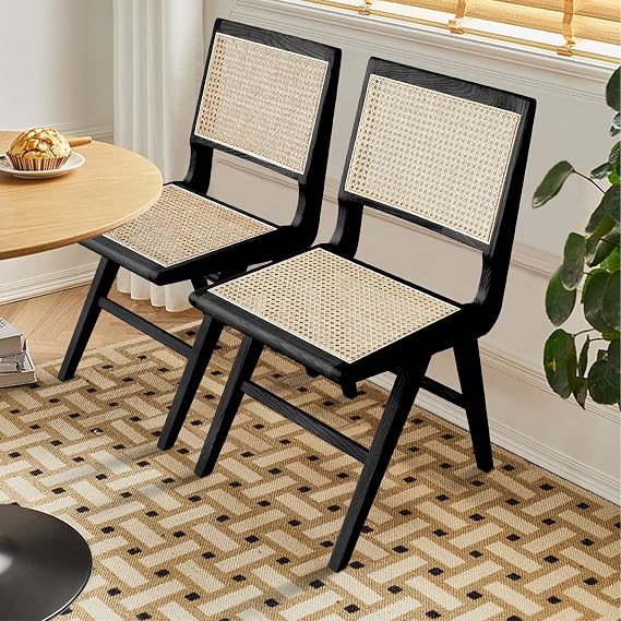 Rattan Chair Set of 2, Cane Dining Chair with Cane Back & Wood Base, Mid Century Modern Chair for Living Room, Kitchen, Dining Room, Yard, Study Room, Teahouse, Hotel, B&B, Black