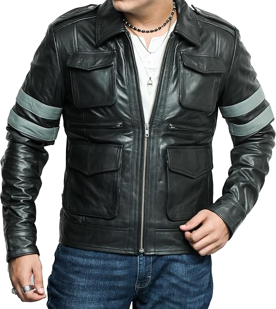 Mens RE 6 Gaming Leon Scott Black Biker Motorcycle Real Leather Jacket Stripes Sleeves Costume