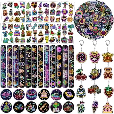 98 PCS Neon Party Favors, Neon Temporary Tattoos Slap Bracelets Stickers Badges Keychains for Neon Birthday Party Decorations Supplies for Classroom Rewards