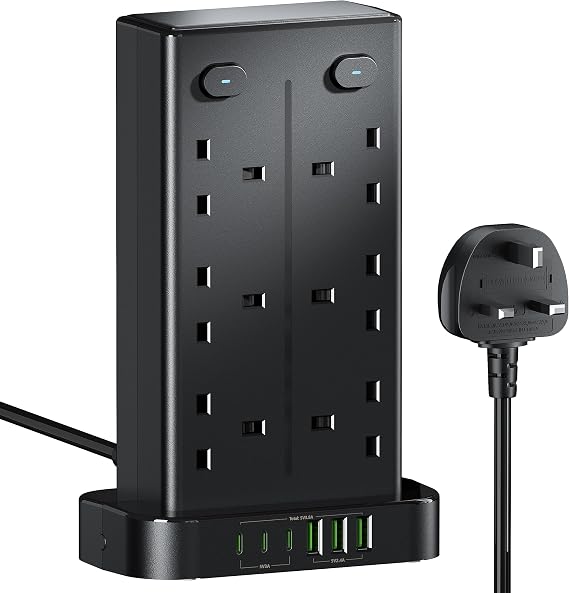 toomke Tower Extension Lead with USB C Slot, Multi Plug Extension Socket | 12 Way Plug Socket Tower with 3 USB C & 3 USB A, Overload Protection Extension Tower with 4 Switch, 1.8 Meter Extension Lead