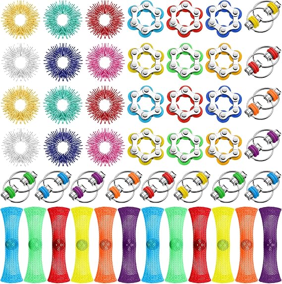 Jexine 48 Pcs Fidget Stress Relief Sensory, Include Spiky Sensory Rings Finger Fidget Ring Roller Chain 6 Wheeled Bike Chain Decompression and Soothing for Adult ADHD Autism