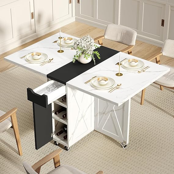 Folding Dining Table for 2-6, Easy Assembly, Stone Pattern+Black | 52.7" Folding Dining Table with 6 Wheels, Drop Leaf Table with Drawers, Shelves and Wine Rack for Small Spaces