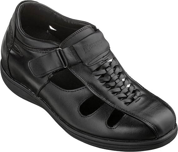 TOTO Men's Invisible Height Increasing Elevator Shoes - Black Leather Slip-on Super Lightweight Open-toe Sandals - 3.2 Inches Taller - G1307 - Size 9 D(M) US